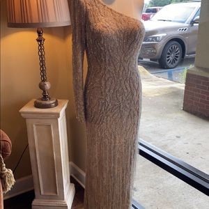 one shoulder gold sherri hill dress, size 10 but altered to fit an 8